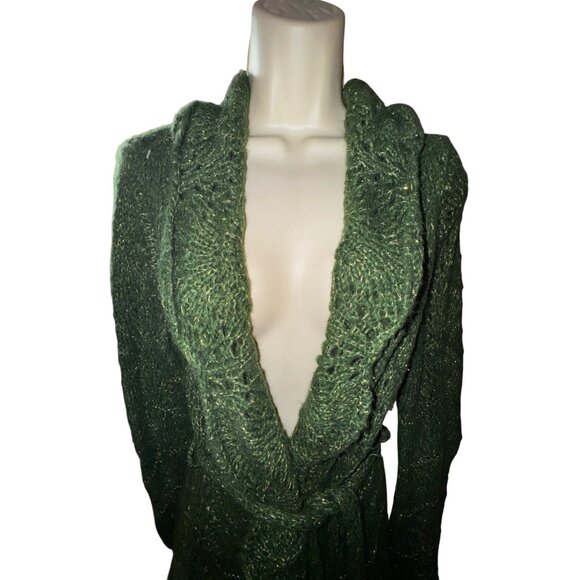 Dark Green Large Sparkly Knit Wrap Cardigan Sweater With Belt Boho Hippie Glam‎ - Picture 3 of 10